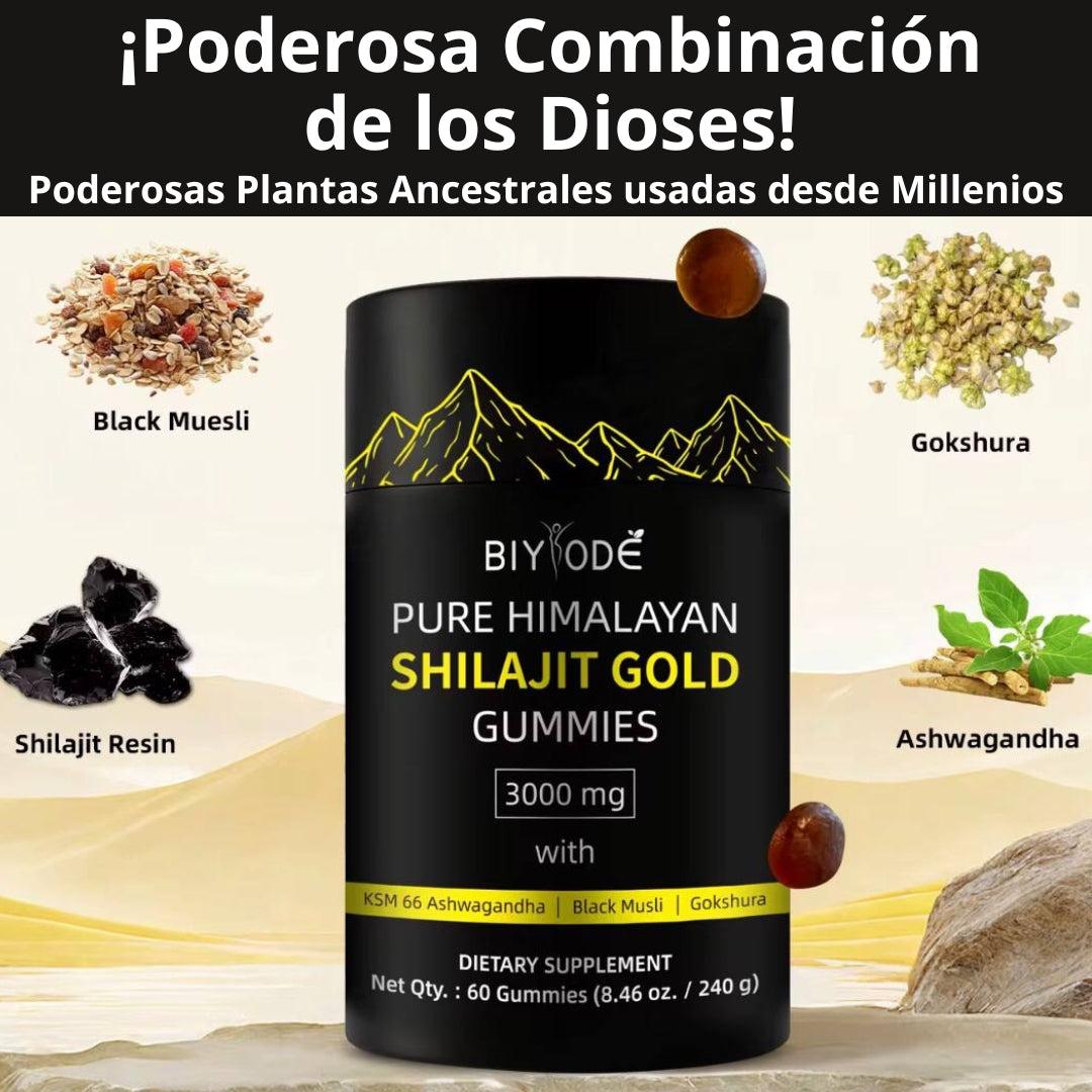 Resina de Shilajit 100% Pura del Himalaya junto a Gokshura, Black Muesli, Ashwagandha, Akarkara, Ginseng, Ginger, ácido fúlvico, 85 micronutrientes (60 gomitas sabor natural a tamarindo)