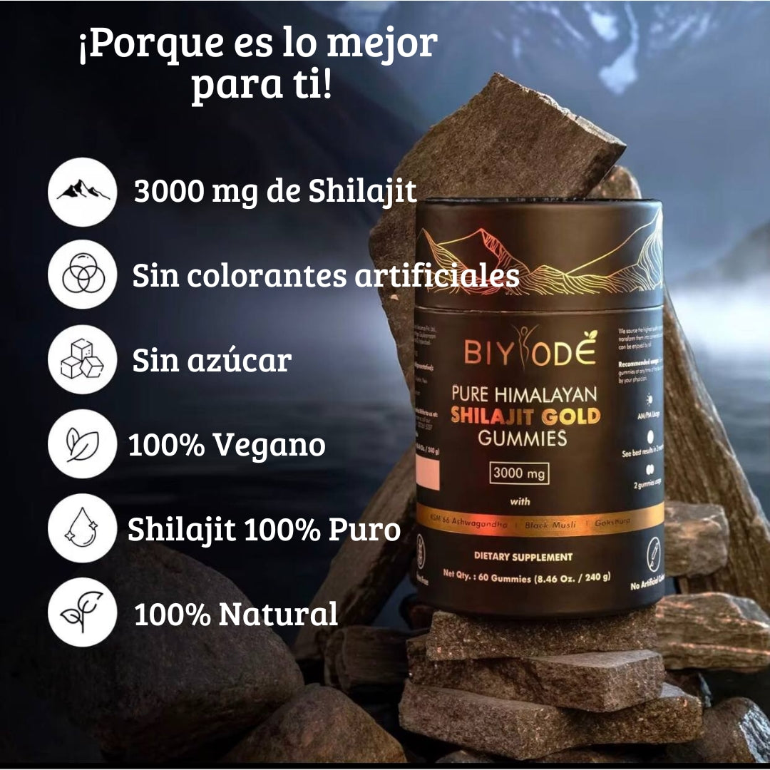 Resina de Shilajit 100% Pura del Himalaya junto a Gokshura, Black Muesli, Ashwagandha, Akarkara, Ginseng, Ginger, ácido fúlvico, 85 micronutrientes (60 gomitas sabor natural a tamarindo)