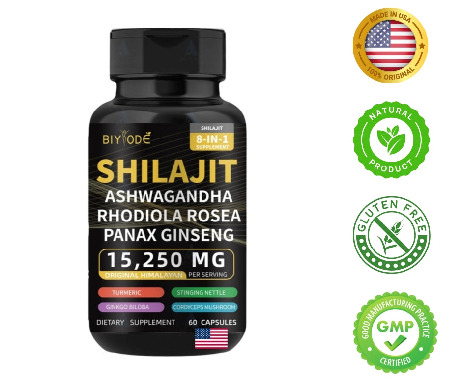 Fusión Poderosa(8 en 1) Shilajit del Himalaya + Ashwagandha + Panax Ginseng + Rhodiola rosea + Cúrcuma + Ginkgo biloba + Ortiga picante + Hongo cordyceps (60 cápsulas)