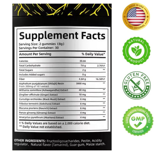 Resina de Shilajit 100% Pura del Himalaya junto a Gokshura, Black Muesli, Ashwagandha, Akarkara, Ginseng, Ginger, ácido fúlvico, 85 micronutrientes (60 gomitas sabor natural a tamarindo)