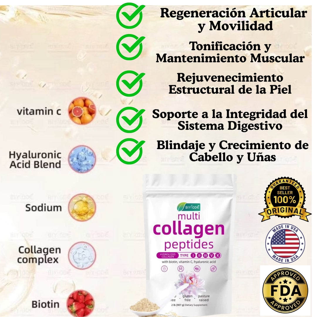 Multi Colageno Hidrolizado Peptidos, Proteína, Biotín, Acido Hialuronico, Vitamina C, Sodium,   (907g Biyode 100% Original)