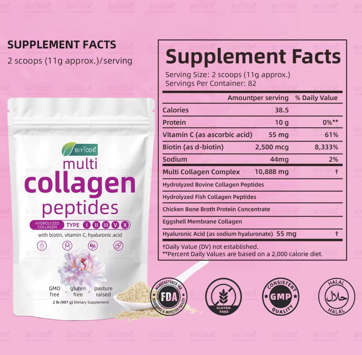 Multi Colageno Hidrolizado Peptidos, Proteína, Biotín, Acido Hialuronico, Vitamina C, Sodium,   (907g Biyode 100% Original)