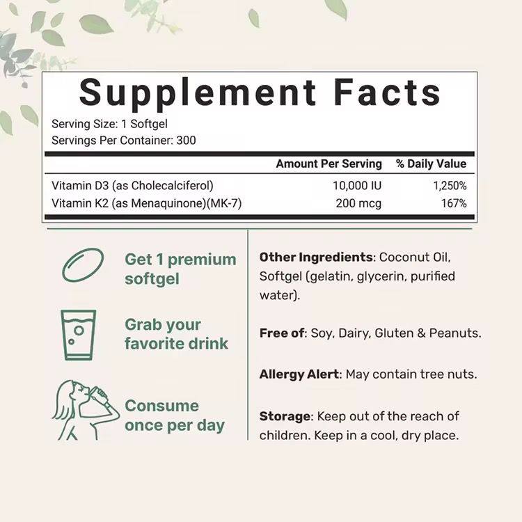Vitamina D3+K2 Colecalciferol MK-7 con aceite de Coco (180 cap Biyode 100% Original)
