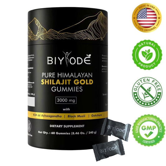 Resina de Shilajit 100% Pura del Himalaya junto a Gokshura, Black Muesli, Ashwagandha, Akarkara, Ginseng, Ginger, ácido fúlvico, 85 micronutrientes (60 gomitas sabor natural a tamarindo)