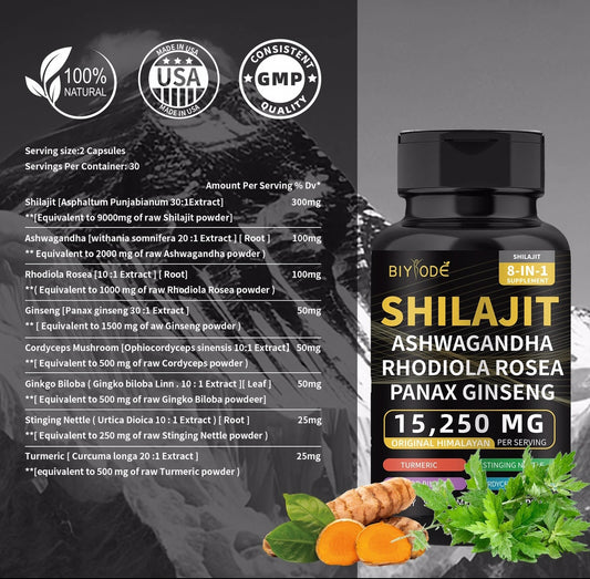 Fusión Poderosa(8 en 1) Shilajit del Himalaya + Ashwagandha + Panax Ginseng + Rhodiola rosea + Cúrcuma + Ginkgo biloba + Ortiga picante + Hongo cordyceps (60 cápsulas)